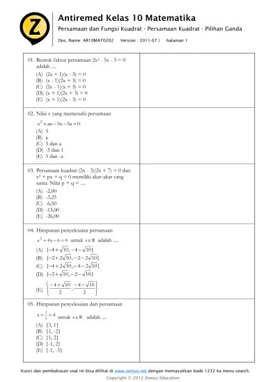 15 Soal Persamaan Nilai Mutlak Pilihan Ganda Persamaan Pendidikan Kimia Jika a 0 maka persamaannya adalah linear tidak kuadratik karena tidak ada istilah.