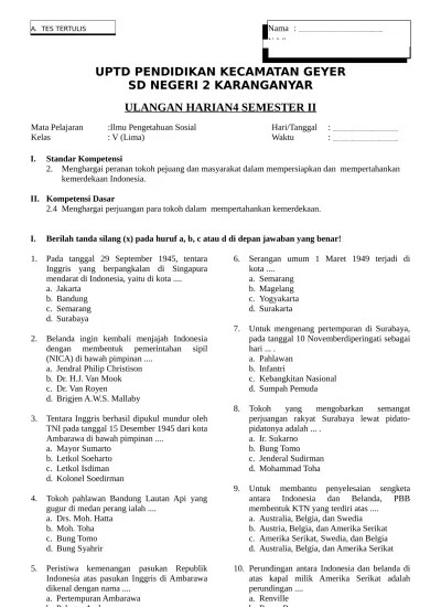 Berikut ini adalah contoh soal ulangan harian (uh) kelas 4 sd/mi tema 3 sub tema 1 kurikulum 2013 lengkap dengan jawabannya. Update Kumpulan Soal Ulangan Harian Dan Uts Kelas V Sd Sebagai Bahan Referensi Latihan Docs Uts 2 B I Kelas 5