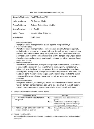 Untuk kompetensi dasar yang disajikan di kelas 1, 2 dan 3 belum. Post Al Qur An Hadis Format Rpp Kd 2