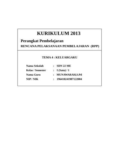 Sub tema 3 (keluarga besarku). Top Pdf 4 Rpp Sd Kelas 1 Tema 4 Keluargaku 123dok Com