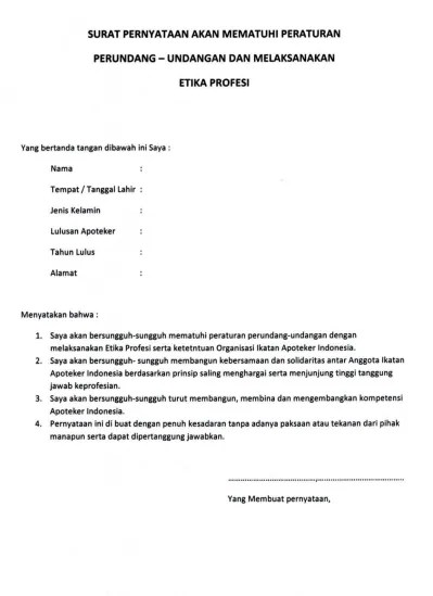Membuat pernyataan mematuhi dan melaksanakan ketentuan etika profesi. Top Pdf Surat Pernyataan Etika Profesi 123dok Com
