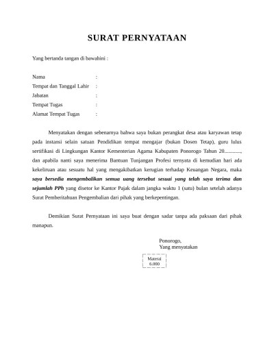 Contoh surat pernyataan pengembalian barang aneka. Top Pdf Contoh Surat Surat Dan Sk Keperluan Sekolah Sekolah Dasar Kita Surat Pernyataan 123dok Com