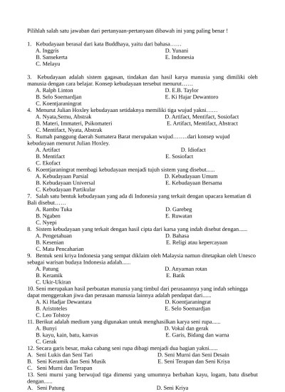 Seni budaya kelas 7 8 10 9 adalah merupakan hasil dari semester 2 . Top Pdf Soal Uas Seni Budaya Sma Smk Ma Kelas X Xi Xii Kunci Jawaban Administrasi Sekolah Uas1sbkxii 123dok Com
