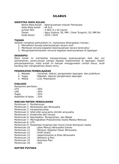 Kurikulum pusat, tim penyusunan pedoman program kewirausahaan. Silabus Kewirausahaan Docx