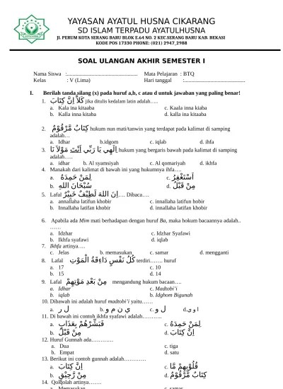 Sd soal hots pai sd soal btq kelas 12 soal uts muatan lokal kelas 2 . Contoh Soal Ulangan Semester Akhir I Btq Jenjang Smp Mts Dapodik 13 Uas Btq Kls 7