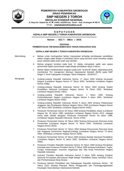 8 tahun 2020 berikut ini digunakan sebagai acuan bagi bendahara untuk mengelola dana bos . Contoh Sk Tim Manajemen Bos