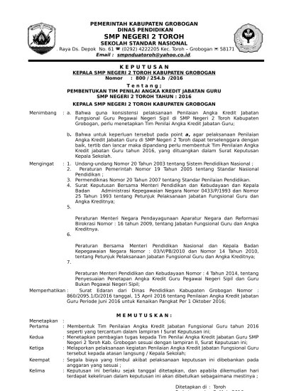 Reformasi birokrasi pada dinas kependudukan dan pencatatan sipil kabupaten. Sk Tim Penilaian Angka Kredit Jabatan Guru 20152016