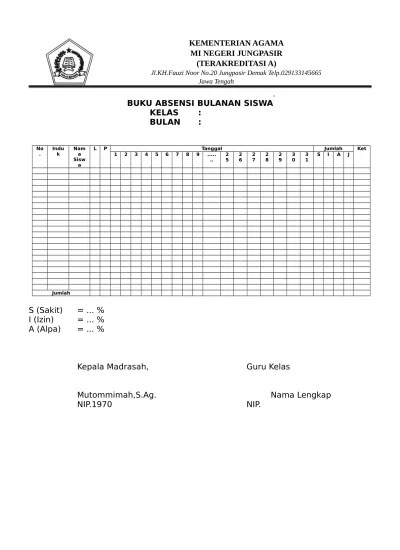 Pada postingan sebelumnya saya telah membagikan format daftar hadir sekaligus berisi daftar nilai siswa untuk setiap guru mata pelajaran pada pembelajaran . Top Pdf S 10 Absensi Bulanan Siswa 123dok Com