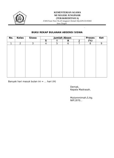 Mulai tahun pelajaran 2018/2019 kehadiran guru diperhitungkan sebagai. Buku Rekapitulasi Bulanan Absensi Siswa S 11