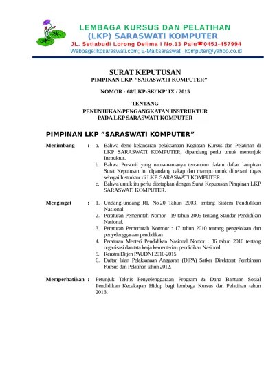 contoh surat pengangkatan pengurus dan tenaga pengajar pendidikan paud. Lkp Saraswati Komputer Sk Instruktur Rtf