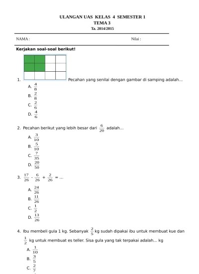 Melalui kegiatan ulangan akhir semester atau penilaian akhir semester ganjil guru dapat mengevaluasi peserta didik melalui pencapaian nilai. Soal Uas Kelas 4 Tema 3 Semester 1 Kurikulum 2013