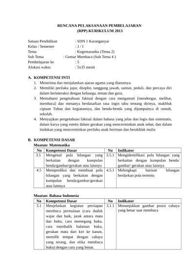 Membilang sambil mengenal olahraga kegemaran rpp kelas 1 tema 2 sub tema 1.3 . 1 2 4 1 Gemar Membaca