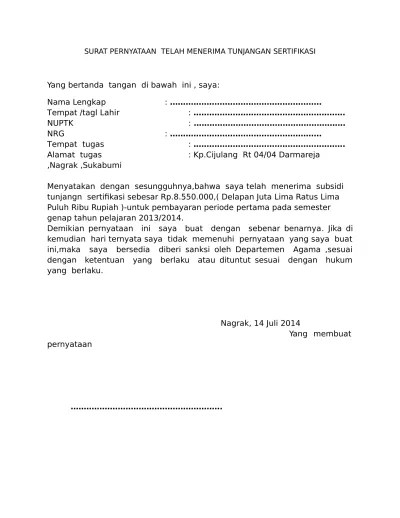 Monday, 13 may 2019 03:36 written by nandita. Surat Pernyataan Pengembalian Tunjangan Profesi