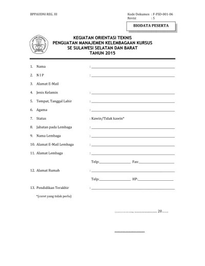 Kompetensi inti peserta pelatihan implementasi kurikulum 2013. Format Biodata Peserta