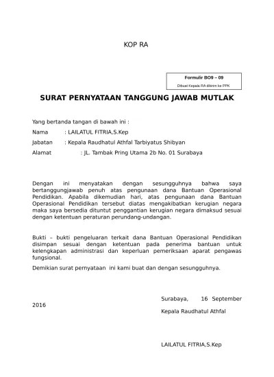 Surat Pernyataan Tanggung Jawab Mutlak Bos 