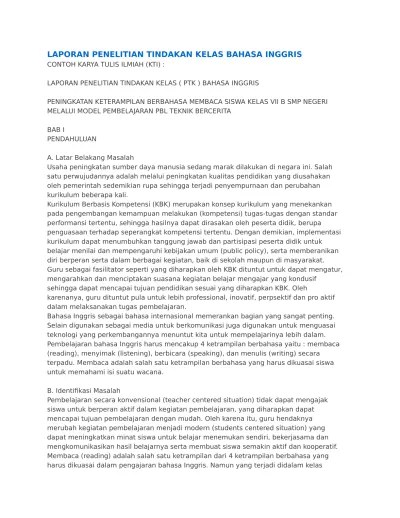 Contoh pembukaan laporan (beginning of report) dalam bahasa inggris beserta terjemah. Laporan Penelitian Tindakan Kelas Bahasa Inggris