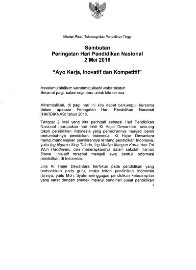 Contoh naskah pidato sambutan peringatan hari pendidikan nasional (hardiknas)_download naskah pidato sambutan menteri pendidikan dan kebudayaan (mendikbud) . Top Pdf Pidato Menteri Hari Pendidikan Nasional 123dok Com