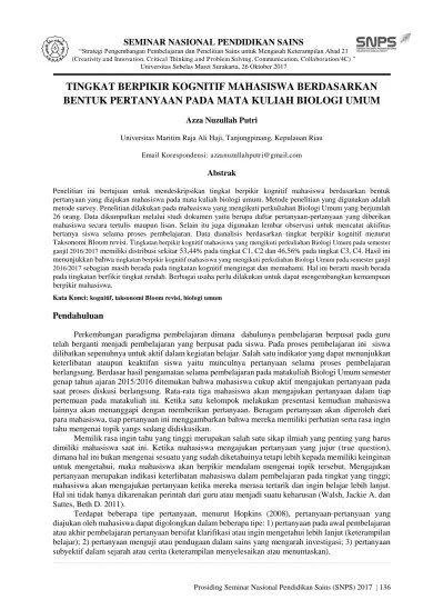 Apakah ketiga ranah itu dikembangkan dalam pembelajaran dan penilaian hots? This Pdf File Tingkat Berpikir Kognitif Mahasiswa Berdasarkan Bentuk Pertanyaan Pada Mata Kuliah Biologi Umum Putri Prosiding Snps Seminar Nasional Pendidikan Sains 1 Sm