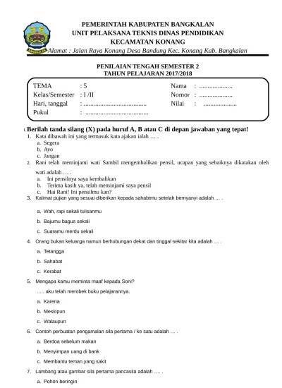 Soal uts tema 5 kelas 1 sd semester 2 i 2020 ini hanya sebagai bahan latihan semata agar dapat mengingat kembali materi pelajaran yang telah . Soal Uts Kelas 1 Tema 6 Semester 13