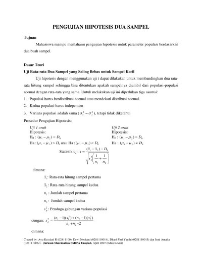 Dari pengolahan ini akan dibahas berbagai analisa dan uji untuk mengetahui apakah data. Top Pdf Pengujian Hipotesis Dua Sampel 123dok Com