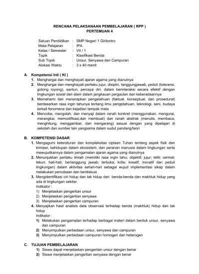 Artikel ini menjelaskan tentang pengertian dari unsur, senyawa, dan campuran beserta contohnya, sehingga kamu dapat mengetahui perbedaan . Top Pdf Rpp Unsur Senyawa Dan Campuran 123dok Com