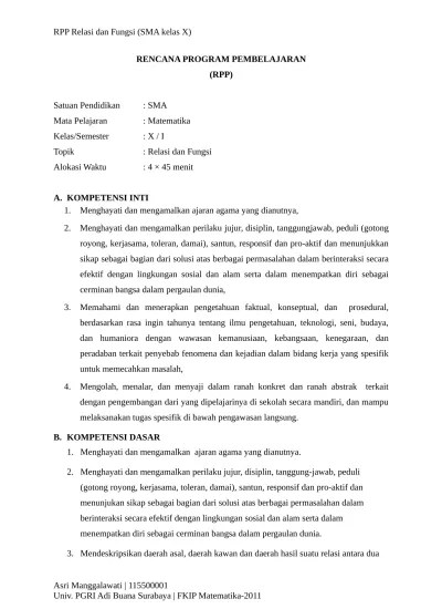 Rangkuman materi fungsi kelas 8 smp. Rpp Relasi Dan Fungsi Sma Kelas X Perang 2