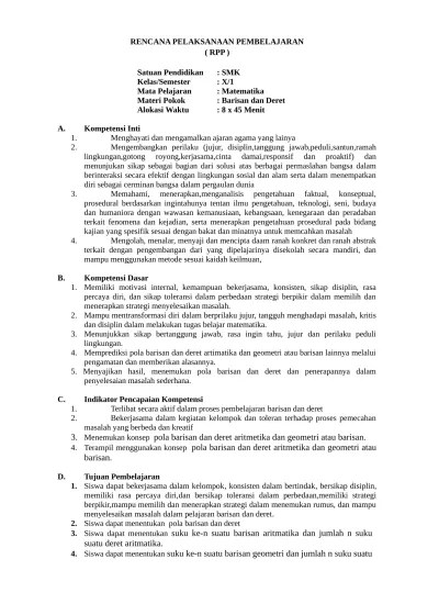 Rangkuman materi barisan & deret kelas 11. Top Pdf Rpp Barisan Dan Deret 1 123dok Com