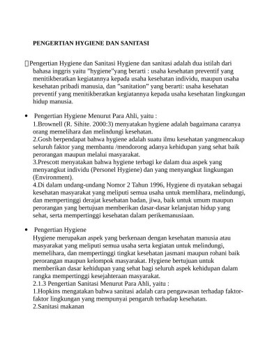 Pengertian dan manfaat sanitasi dan hygiene a. Pengertian Hygiene Dan Sanitasi Docx