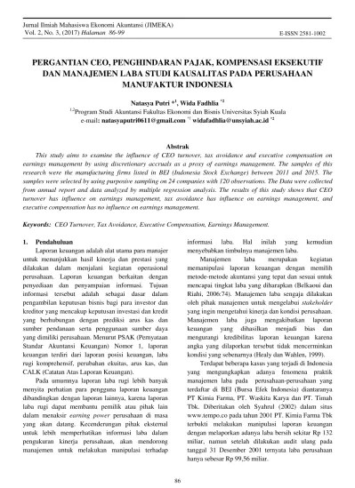 Institutional ownership, quality audits, and family ownership has no significant effect the cost of debt. Pergantian Ceo Penghindaran Pajak Kompensasi Eksekutif Dan Manajemen Laba Studi Kausalitas Pada Perusahaan Manufaktur Indonesia