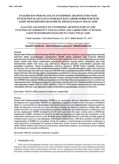 ANALYSIS AND DESIGN OF ENTERPRISE ARCHITECTURE ON THE FUNCTION OF EMERGENCY  INSTALLATION AND LABORATORY AT RUMAH SAKIT MUHAMMADIYAH BANDUNG USING TOGAF  ADM