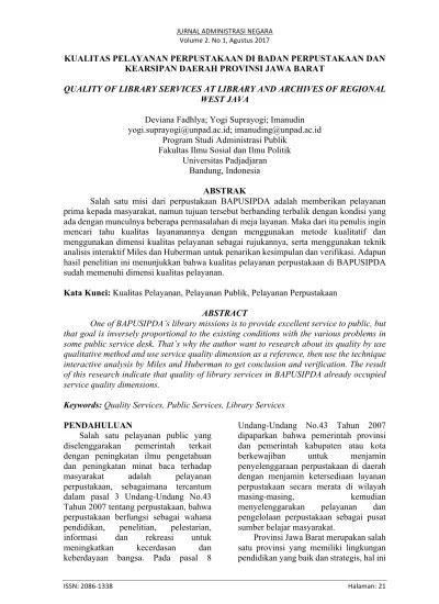 KUALITAS PELAYANAN PERPUSTAKAAN DI BADAN PERPUSTAKAAN DAN KEARSIPAN DAERAH  PROVINSI JAWA BARAT | Fadhlya | JANE - Jurnal Administrasi Negara 13679  30140 1 SM