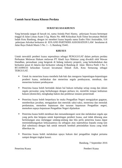 Contoh Surat Kuasa Khusus Perdata 