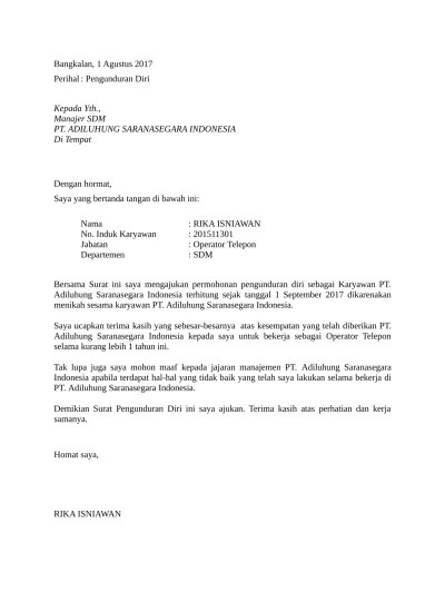 Contoh surat pengunduran diri atau resign kerja perusahaan, hotel, bank, alfamart, karyawan kontrak, guru, yang baik dan sopan serta simpel. Contoh Surat Pengunduran Diri Sebagai Karyawan Indomaret Www Kurikulum Pendidikan1 Blogspot Com