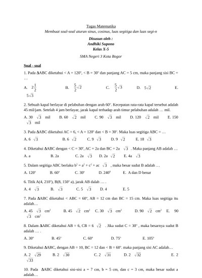 Aturan sinus dan cosinus adalah salah satu topik pelajaran matematika sma kelas 10 semerter 2. Top Pdf Aturan Sinus Cosinus Dan Luas Segitiga 123dok Com