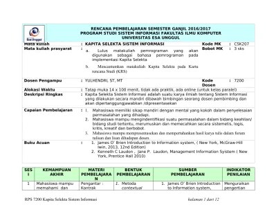 Sistem informasi kebencanaan di jogja tanggap cepat di yogyakarta. Rps Csk 207 Kapita Selekta Sistem Informasi