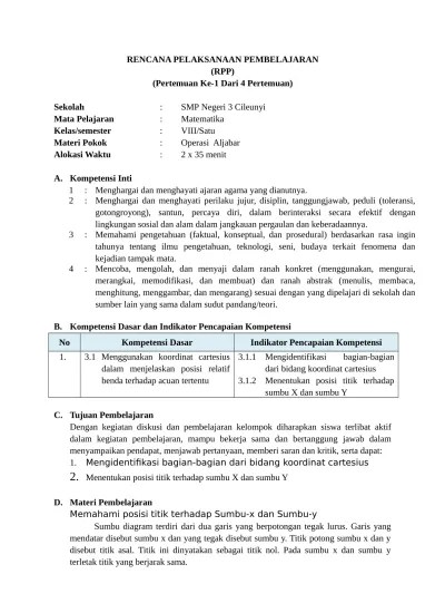 24.08.2017 · materi dan lks kelas 8 persamaan garis lurus (edit) diterbitkan august 24, 2017. Rpp Kurikulum 2013 Sistem Koordinat Pert