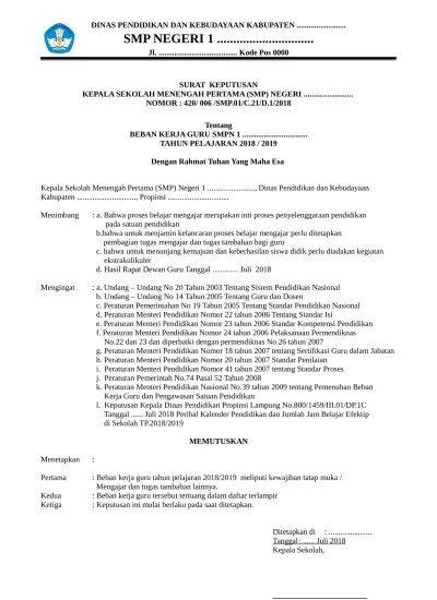 Beban guru yang telah di sepakati bersama dalam pertemuan/rapat sekolah. Top Pdf Contoh Sk Beban Kerja Guru Tahun 2018 123dok Com