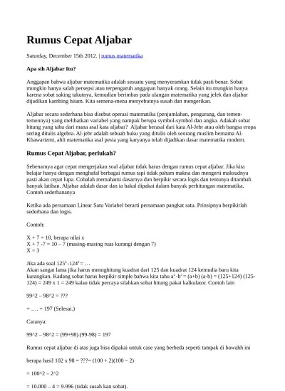 Anggapan bahwa aljabar matematika adalah sesuatu yang . Rumus Cepat Aljabar Docx 1