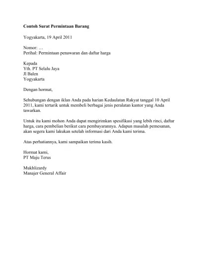 Contoh surat permintaan barang atk; Contoh Surat Permintaan Barang