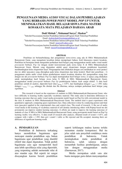 PENGGUNAAN MEDIA AUDIO VISUAL DALAM PEMBELAJARAN YANG BERBASIS POWER POINT  MODEL POP UP UNTUK MENINGKATKAN HASIL BELAJAR SISWA PADA MATERI KOSAKATA  MATA PELAJARAN BAHASA ARAB