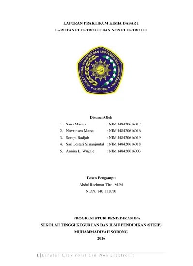 Laporan hasil percobaan dan pengamatan larutan elektrolit dan. Laporan Praktikum Larutan Elektrolit Dan