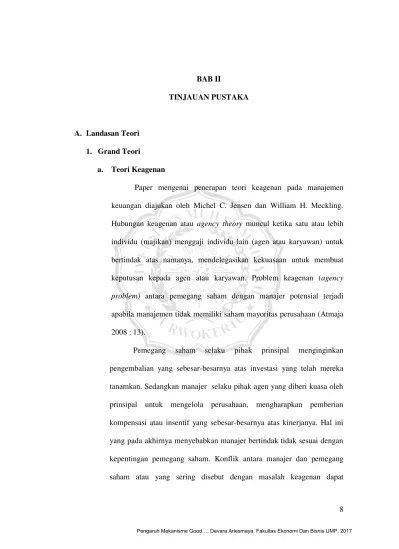 BAB II TINJAUAN PUSTAKA A. Landasan Teori 1. Grand Teori a. Teori Keagenan  - PENGARUH MEKANISME GOOD CORPORATE GOVERNANCE DAN INVESTMENT OPPORTUNITY  SET (IOS) TERHADAP NILAI PERUSAHAAN ( Studi Pada Perusahaan Jasa
