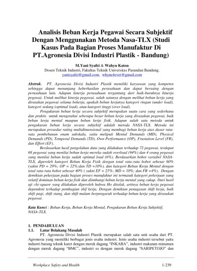 Apakah anda mencari gambar tentang contoh . Top Pdf Analisis Beban Kerja Pegawai Secara Subjektif Dengan Menggunakan Metoda Nasa Tlx Studi Kasus Pada Bagian Proses Manufaktur Di Pt Agronesia Divisi Industri Plastik Bandung 123dok Com