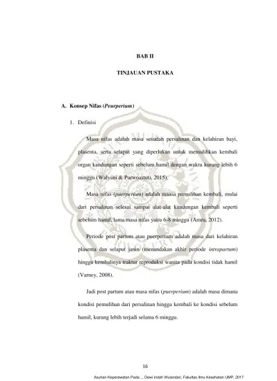 BAB II TINJAUAN PUSTAKA A. Konsep Nifas (Peurperium) - DEWI INDAH WULANDARI  BAB II