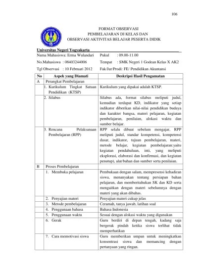 1 guru menyiapkan siswa secara psikis dan fisik untuk mengikuti proses pembelajaran. Format Observasi Pembelajaran Di Kelas Dan Observasi Aktivitas Belajar Peserta Didik