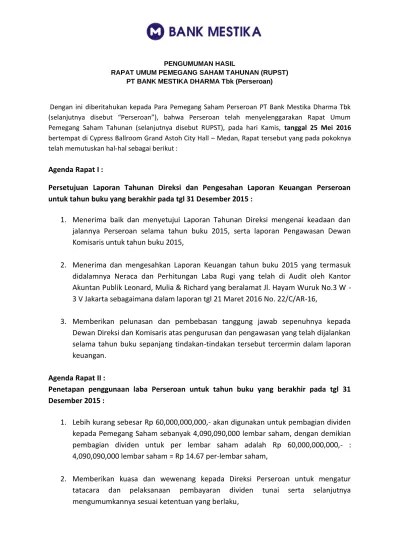 Panduan cara membuat surat lamaran seperti lamaran umum, fresh graduate, via email, tulis tangan, sebagai guru, cpns, di hotel, di bank, di toko . Pengumuman Hasil Rapat Umum Pemegang Saham Tahunan Rupst Pt Bank Mestika Dharma Tbk Perseroan