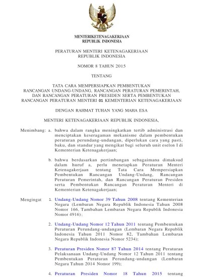 MENTERI KETENAGAKERJAAN REPUBLIK INDONESIA, PERATURAN MENTERI  KETENAGAKERJAAN NOMOR 8 TAHUN 2015 TENTANG