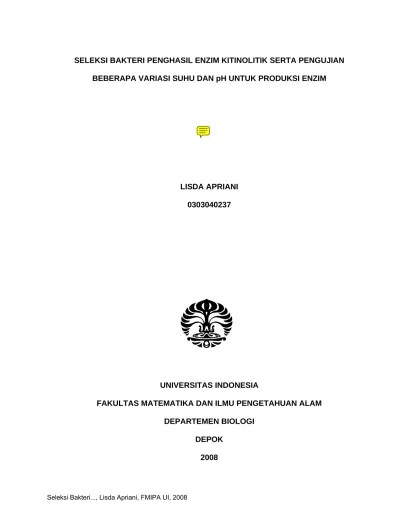 Isolat jamur penghasil enzim inulinase diperoleh dari beberapa isolat jamur dari umbi dahlia yang berasal dari perkebunan brastagi (kode bg),. Isolasi Identifikasi Bakteri Penghasil Xilanase Serta Karakterisasi Enzimnya