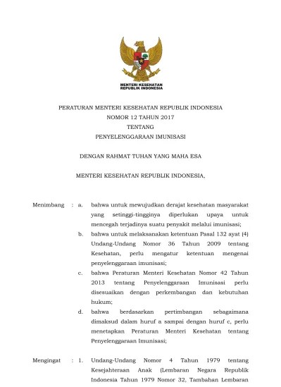 PERATURAN MENTERI KESEHATAN REPUBLIK INDONESIA NOMOR 12 TAHUN 2017 TENTANG  PENYELENGGARAAN IMUNISASI DENGAN RAHMAT TUHAN YANG MAHA ESA