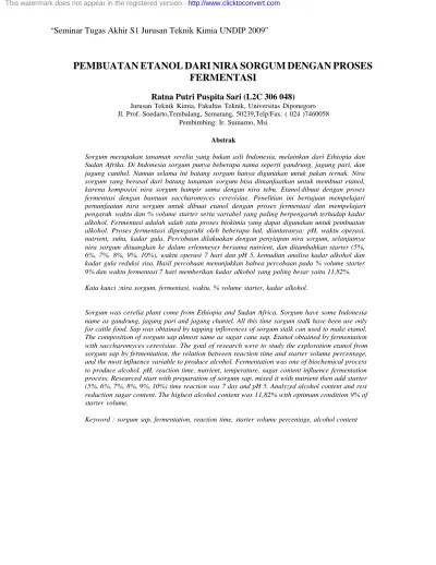 PEMBUATAN ETANOL DARI NIRA SORGUM DENGAN PROSES FERMENTASI